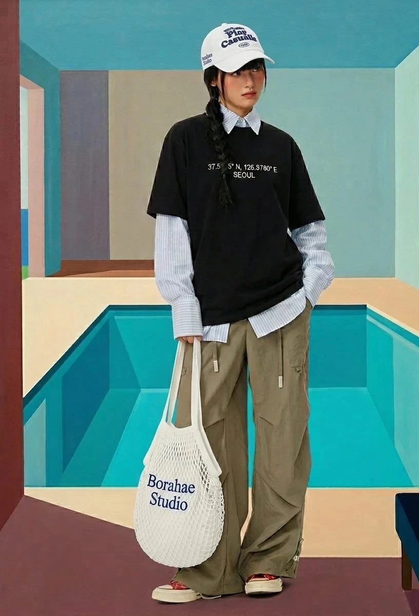 Person wearing a black tee with seoul coordinates, white shirt, beige pants, and a white cap in a stylized room with a pool.