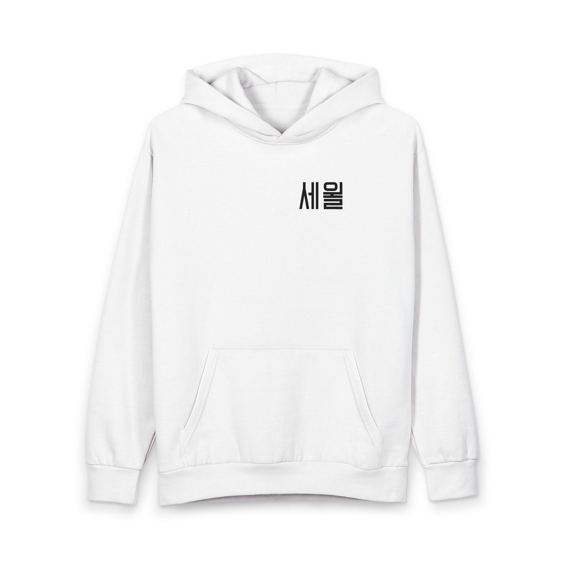 White oversized hoodie with Korean Seoul typography print, minimalist streetwear design